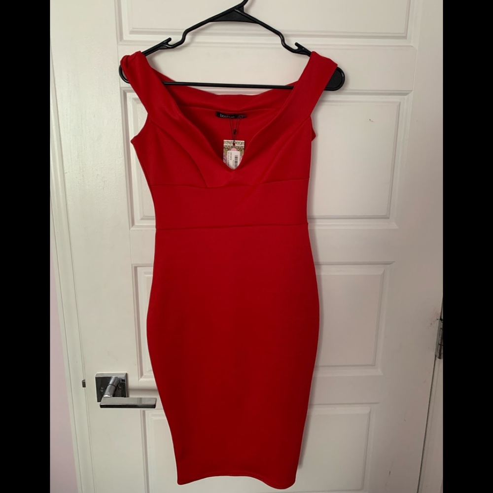 Off the shoulder red midi dress!